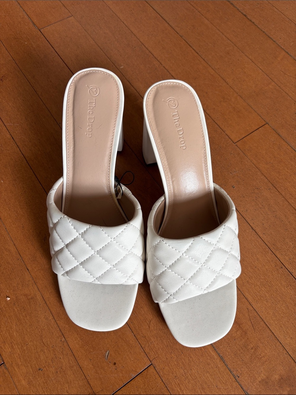 The Drop Quilted White Block Heel Mule